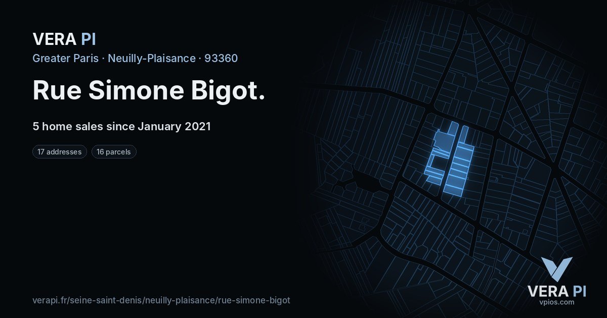 Rue Simone Bigot, Neuilly-Plaisance at night – every parcel coloured by the prices around it, the street's own parcels lit
