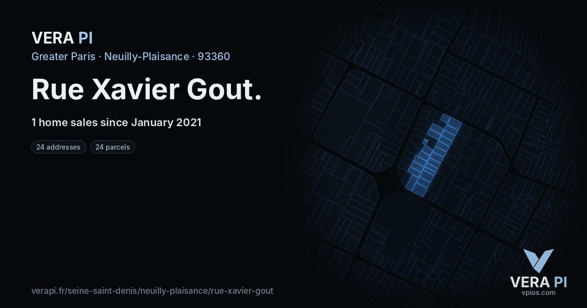 Rue Xavier Gout, Neuilly-Plaisance at night – every parcel coloured by the prices around it, the street's own parcels lit
