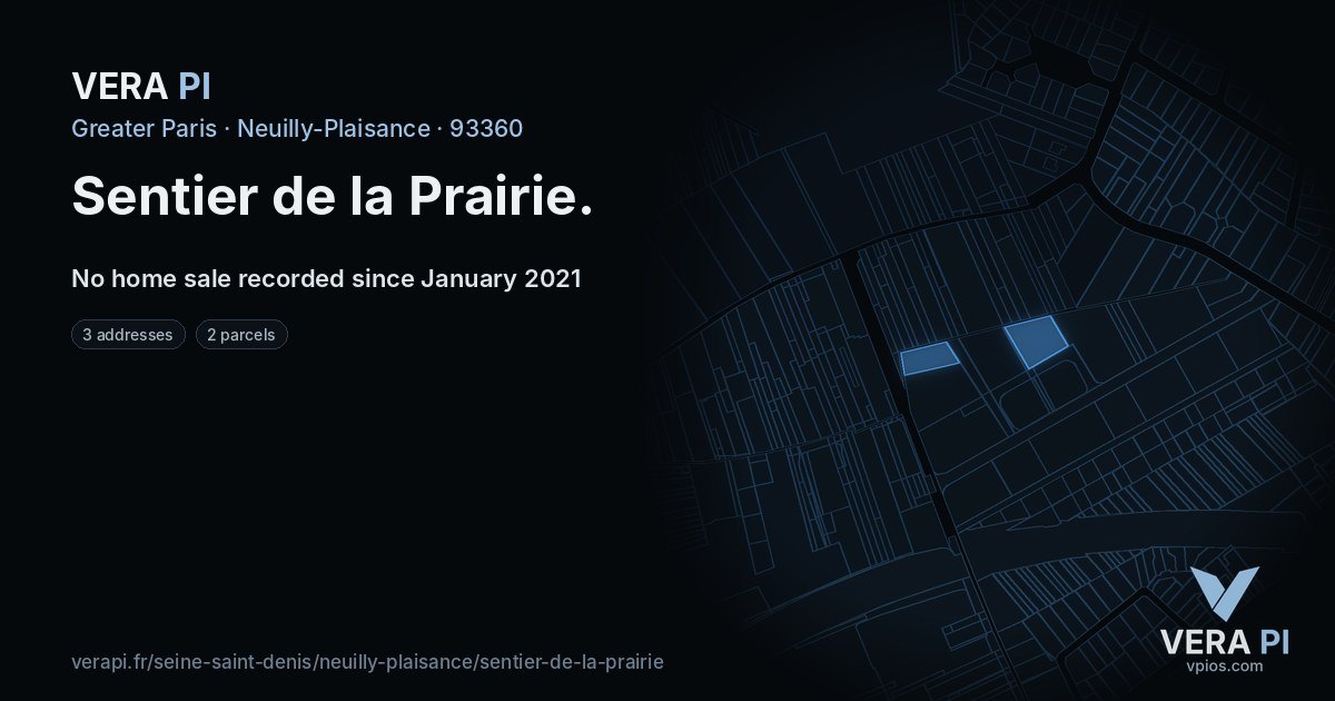 Sentier de la Prairie, Neuilly-Plaisance at night – every parcel coloured by the prices around it, the street's own parcels lit