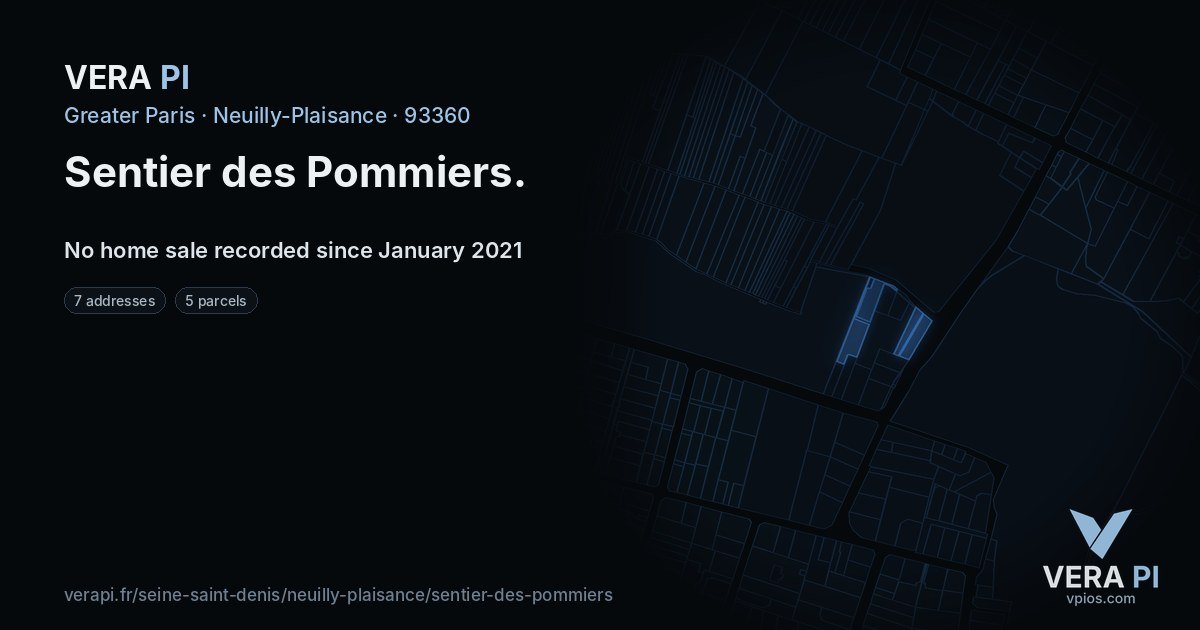 Sentier des Pommiers, Neuilly-Plaisance at night – every parcel coloured by the prices around it, the street's own parcels lit