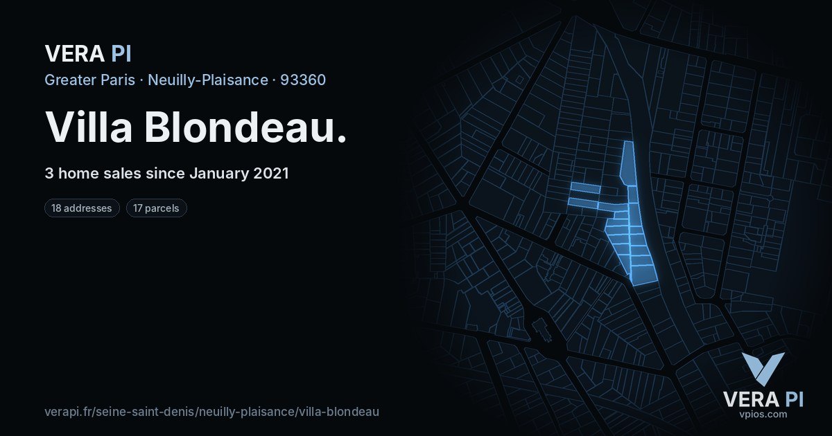 Villa Blondeau, Neuilly-Plaisance at night – every parcel coloured by the prices around it, the street's own parcels lit