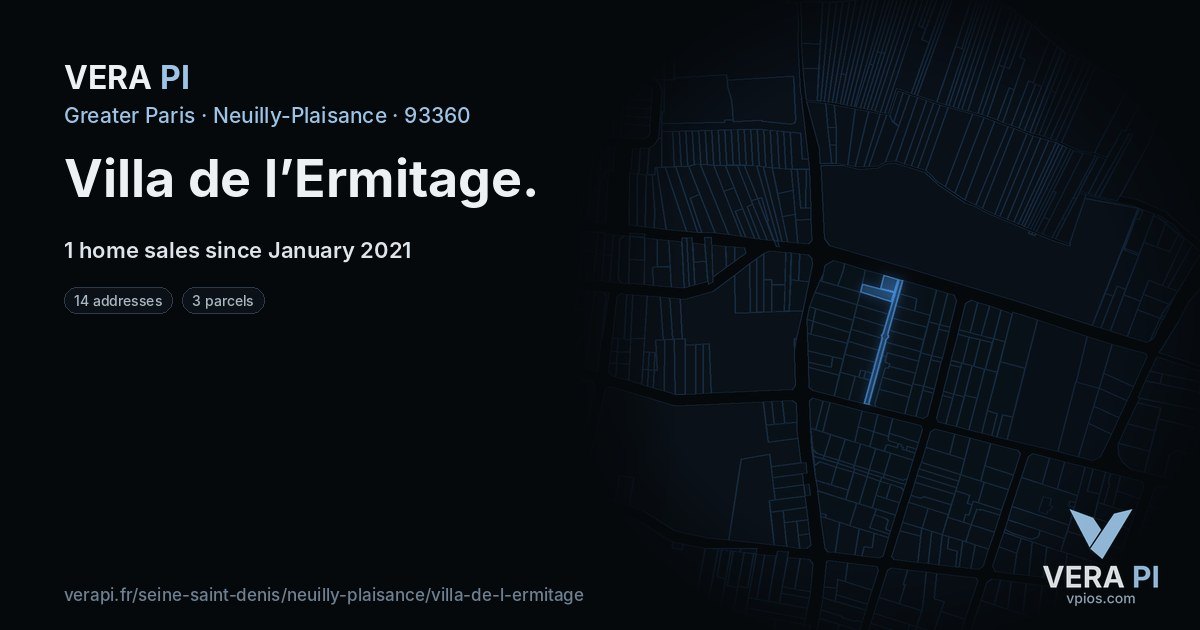 Villa de l’Ermitage, Neuilly-Plaisance at night – every parcel coloured by the prices around it, the street's own parcels lit