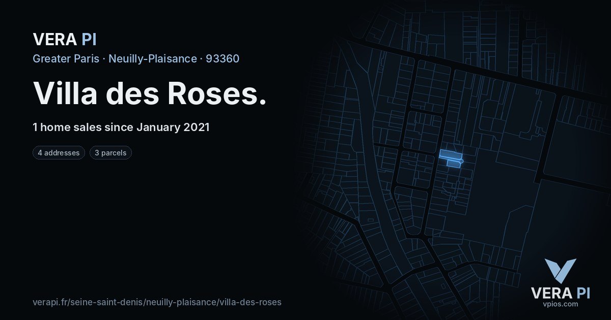 Villa des Roses, Neuilly-Plaisance at night – every parcel coloured by the prices around it, the street's own parcels lit
