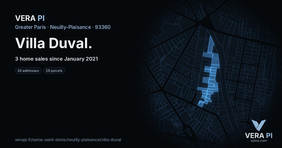 Villa Duval, Neuilly-Plaisance at night – every parcel coloured by the prices around it, the street's own parcels lit