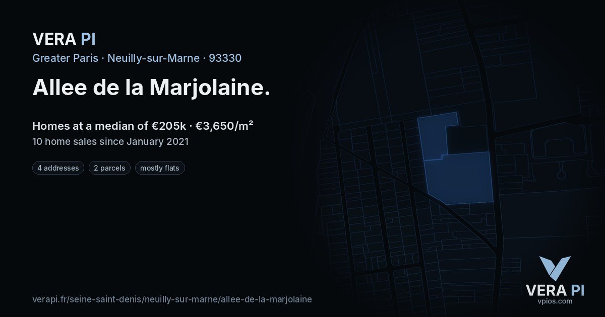 Allee de la Marjolaine, Neuilly-sur-Marne at night – every parcel coloured by the prices around it, the street's own parcels lit