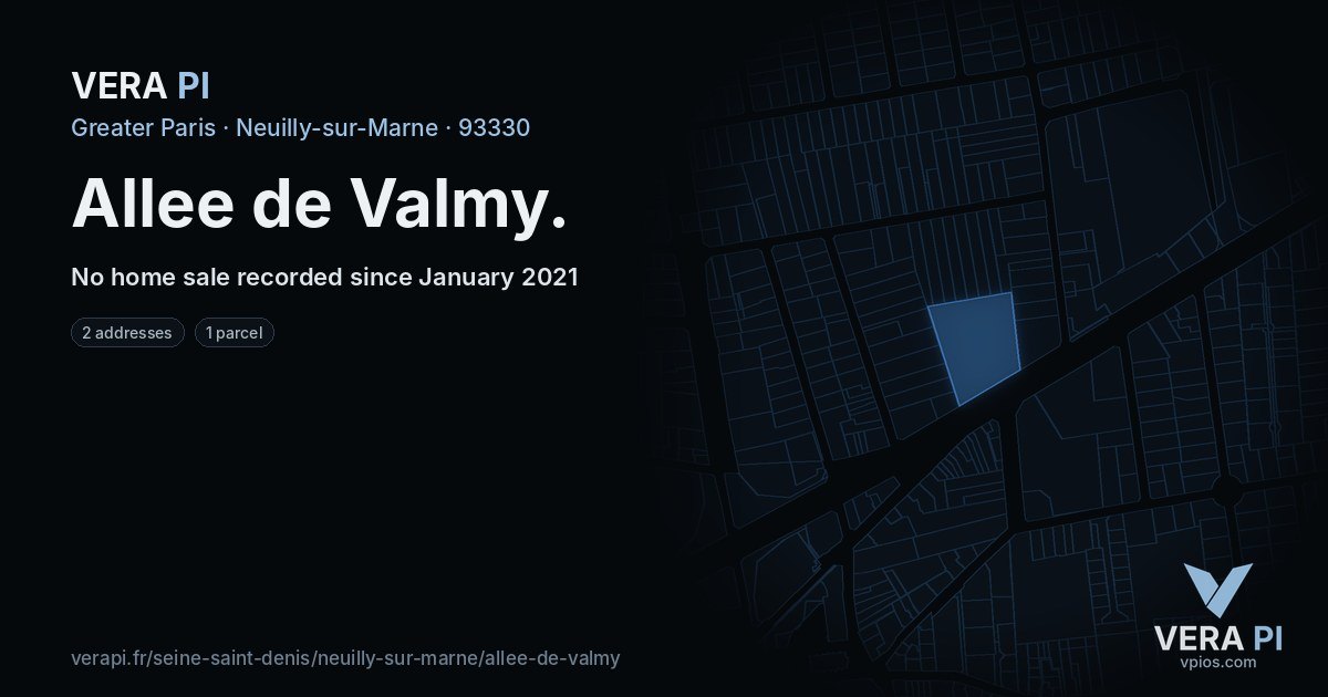 Allee de Valmy, Neuilly-sur-Marne at night – every parcel coloured by the prices around it, the street's own parcels lit