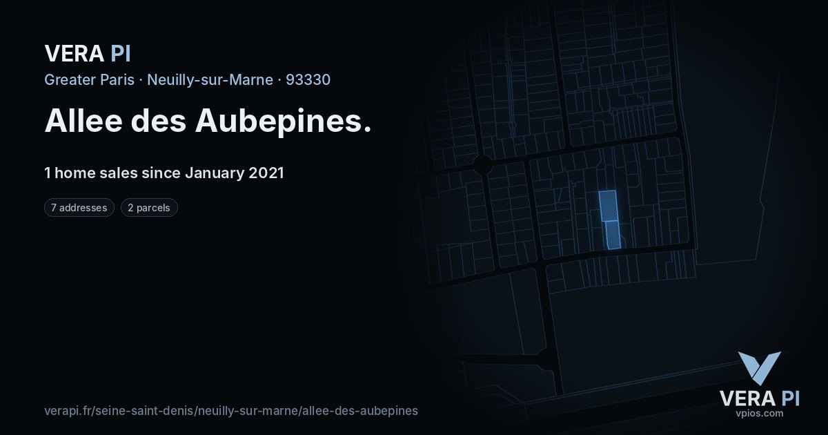 Allee des Aubepines, Neuilly-sur-Marne at night – every parcel coloured by the prices around it, the street's own parcels lit