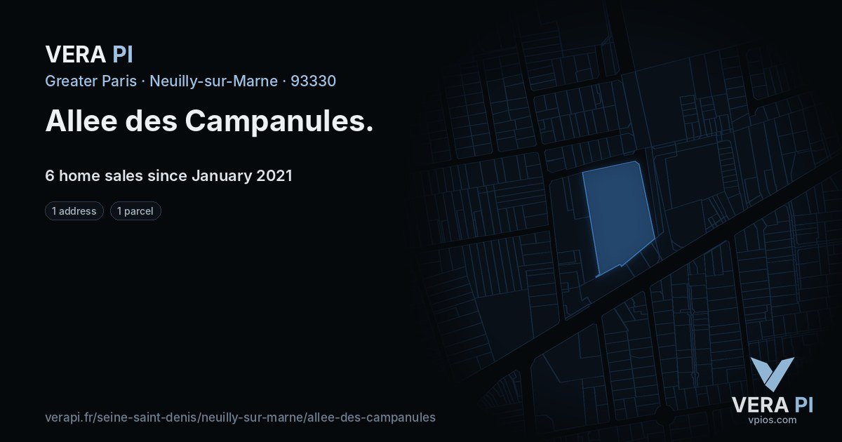Allee des Campanules, Neuilly-sur-Marne at night – every parcel coloured by the prices around it, the street's own parcels lit