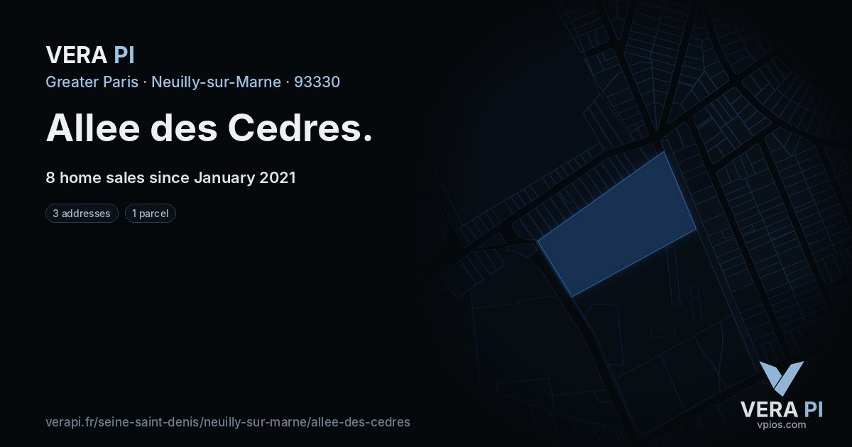 Allee des Cedres, Neuilly-sur-Marne at night – every parcel coloured by the prices around it, the street's own parcels lit