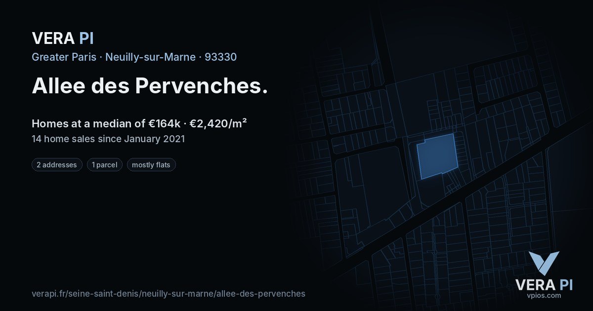 Allee des Pervenches, Neuilly-sur-Marne at night – every parcel coloured by the prices around it, the street's own parcels lit