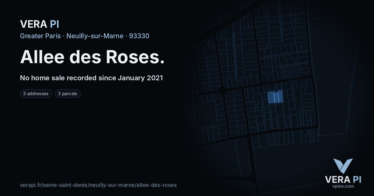 Allee des Roses, Neuilly-sur-Marne at night – every parcel coloured by the prices around it, the street's own parcels lit