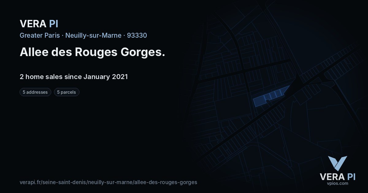 Allee des Rouges Gorges, Neuilly-sur-Marne at night – every parcel coloured by the prices around it, the street's own parcels lit