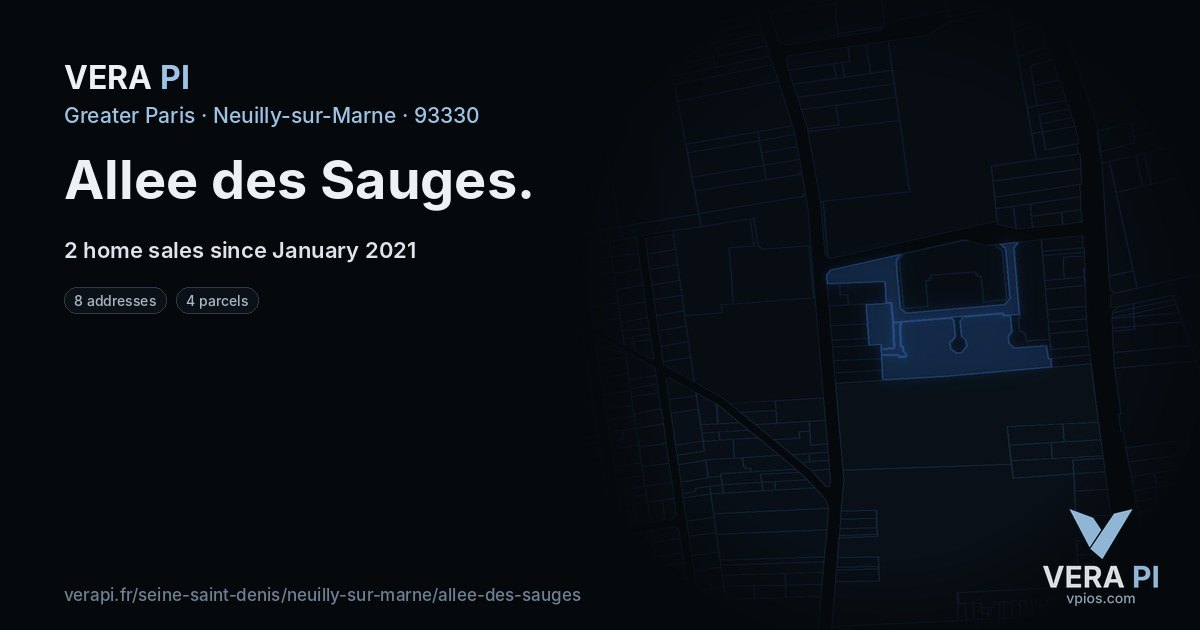 Allee des Sauges, Neuilly-sur-Marne at night – every parcel coloured by the prices around it, the street's own parcels lit