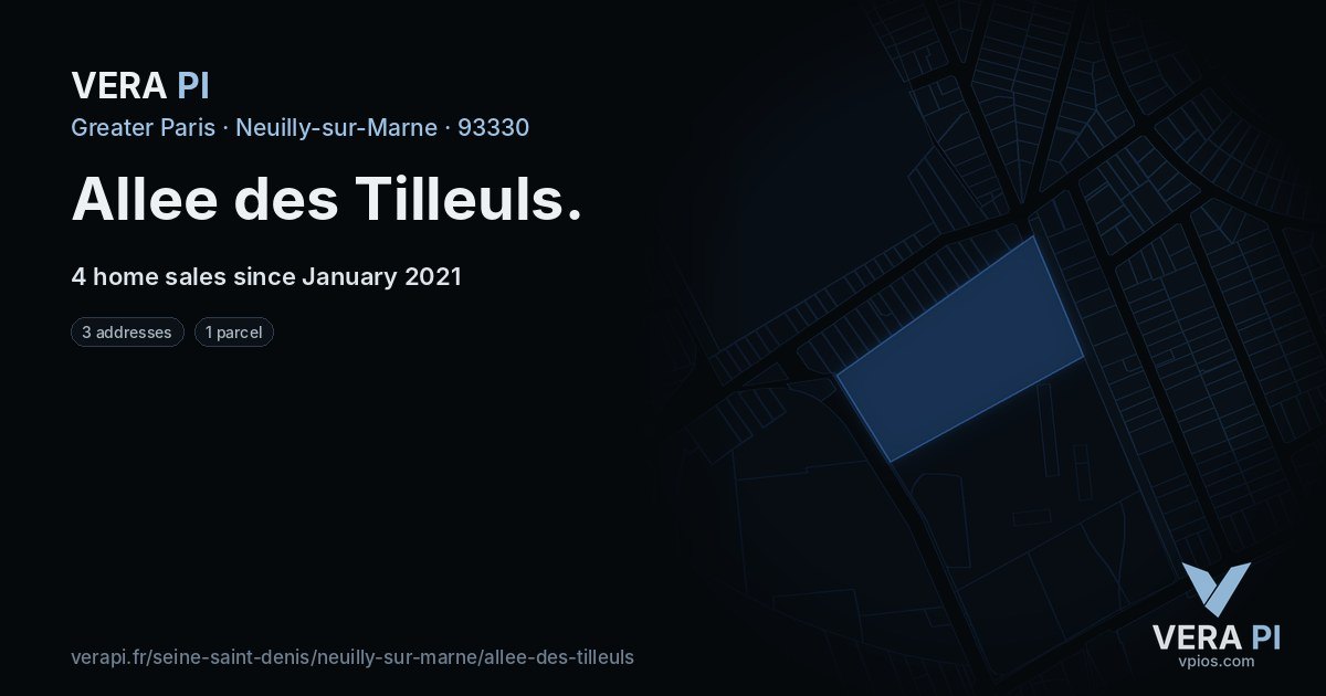 Allee des Tilleuls, Neuilly-sur-Marne at night – every parcel coloured by the prices around it, the street's own parcels lit