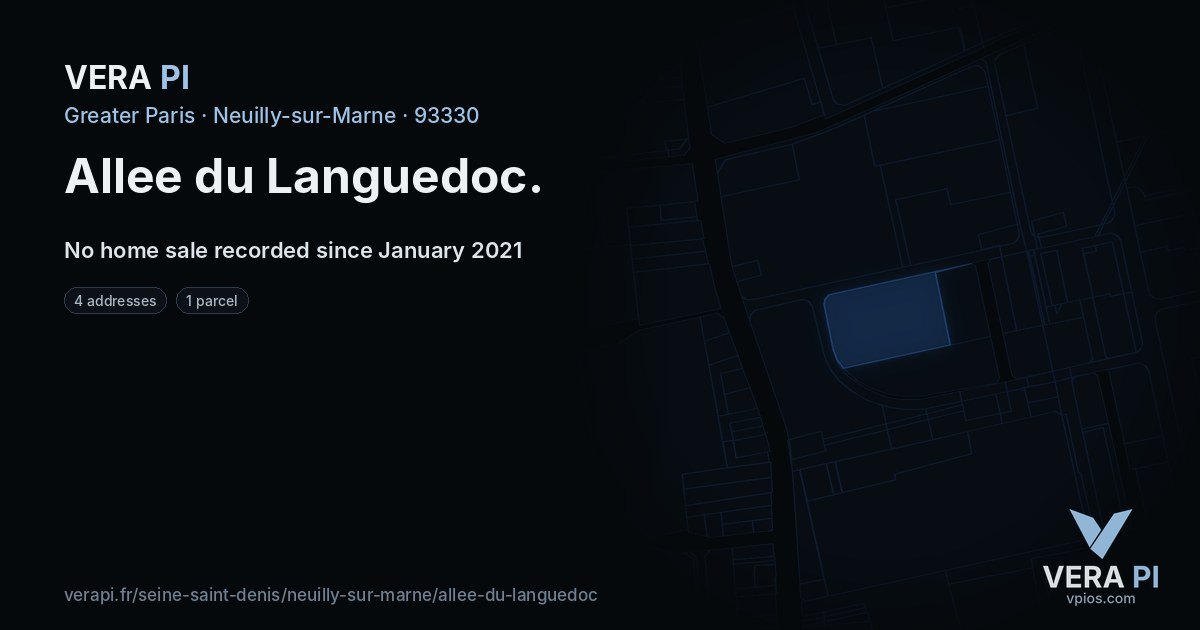 Allee du Languedoc, Neuilly-sur-Marne at night – every parcel coloured by the prices around it, the street's own parcels lit