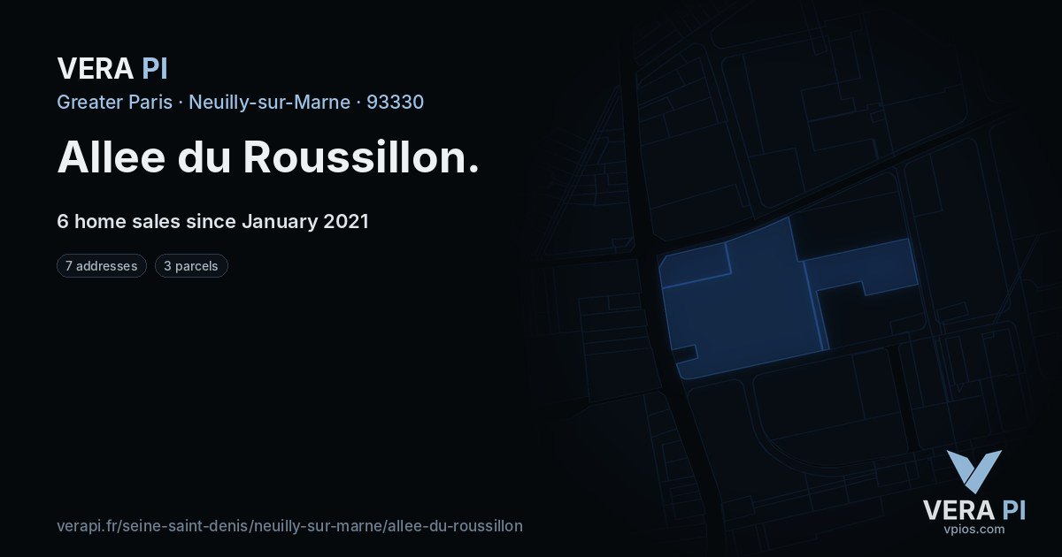 Allee du Roussillon, Neuilly-sur-Marne at night – every parcel coloured by the prices around it, the street's own parcels lit