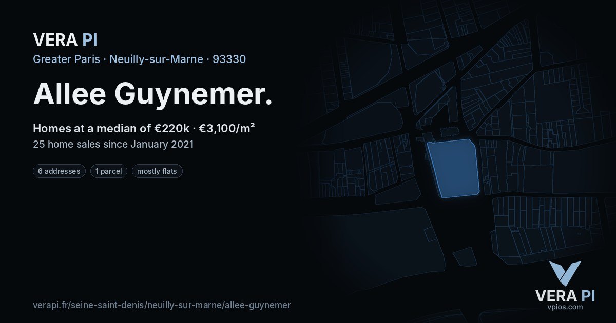 Allee Guynemer, Neuilly-sur-Marne at night – every parcel coloured by the prices around it, the street's own parcels lit