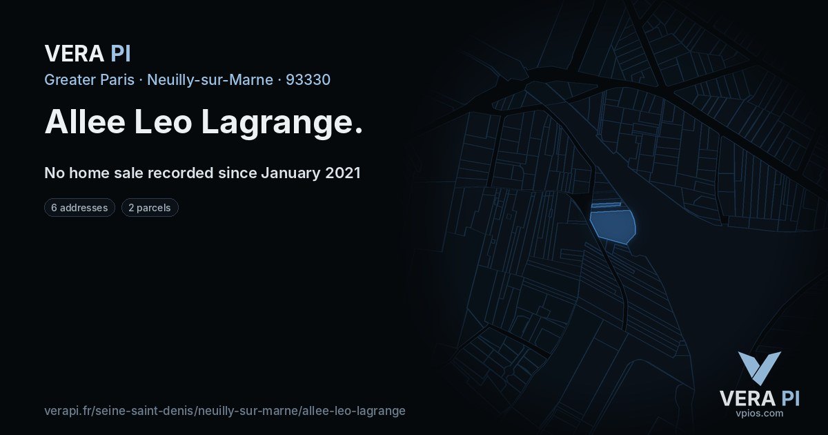 Allee Leo Lagrange, Neuilly-sur-Marne at night – every parcel coloured by the prices around it, the street's own parcels lit