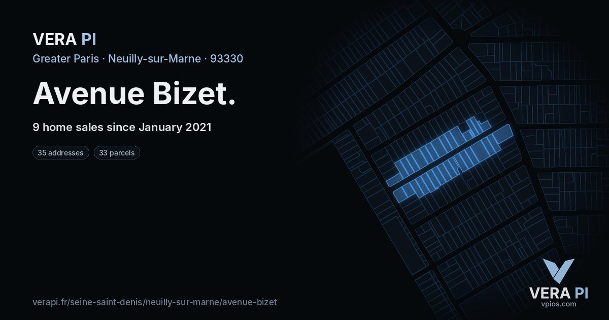 Avenue Bizet, Neuilly-sur-Marne at night – every parcel coloured by the prices around it, the street's own parcels lit