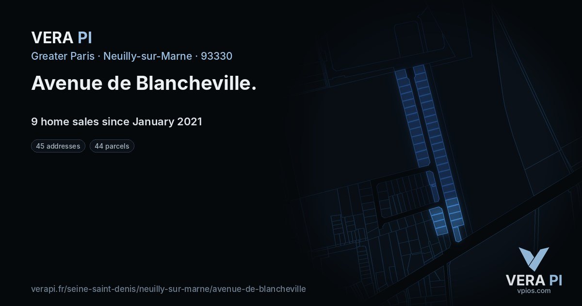 Avenue de Blancheville, Neuilly-sur-Marne at night – every parcel coloured by the prices around it, the street's own parcels lit