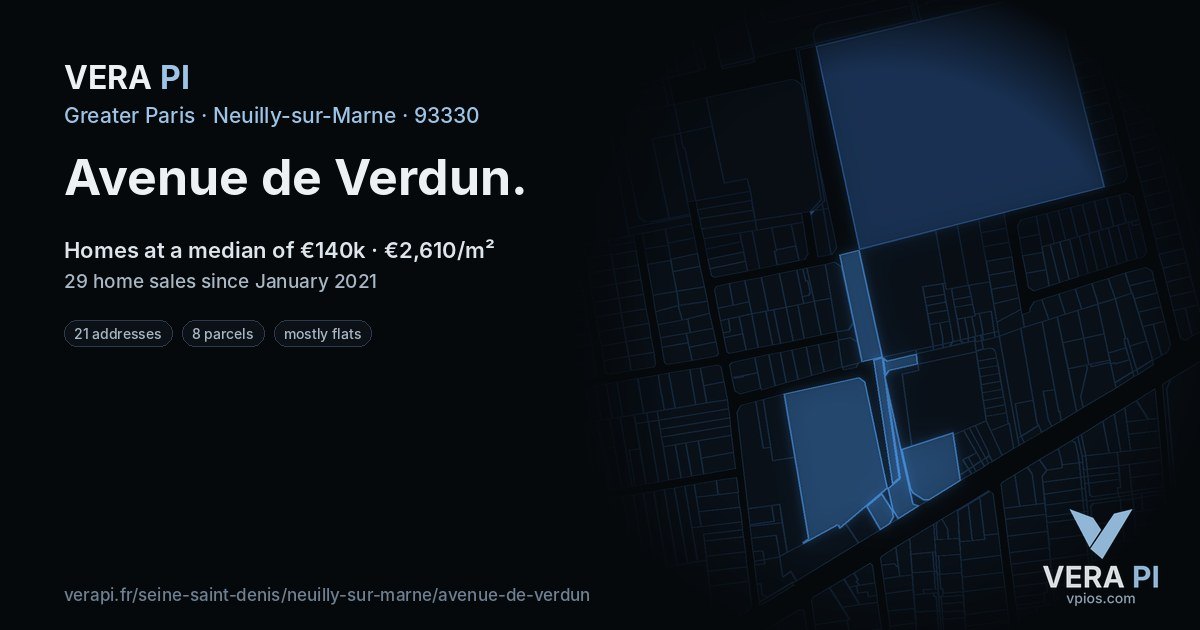 Avenue de Verdun, Neuilly-sur-Marne at night – every parcel coloured by the prices around it, the street's own parcels lit