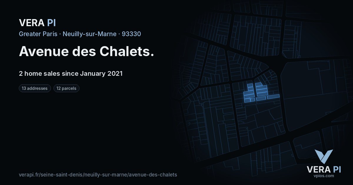 Avenue des Chalets, Neuilly-sur-Marne at night – every parcel coloured by the prices around it, the street's own parcels lit