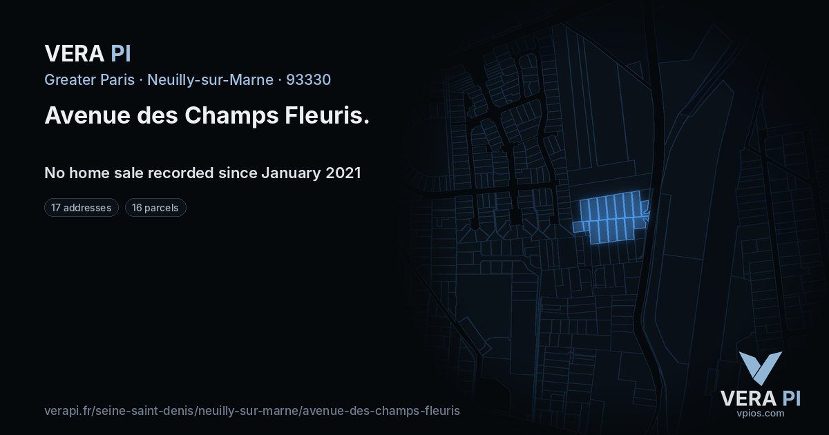 Avenue des Champs Fleuris, Neuilly-sur-Marne at night – every parcel coloured by the prices around it, the street's own parcels lit