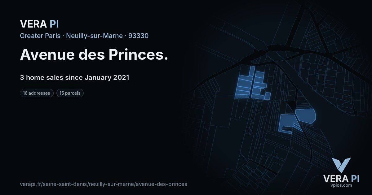 Avenue des Princes, Neuilly-sur-Marne at night – every parcel coloured by the prices around it, the street's own parcels lit