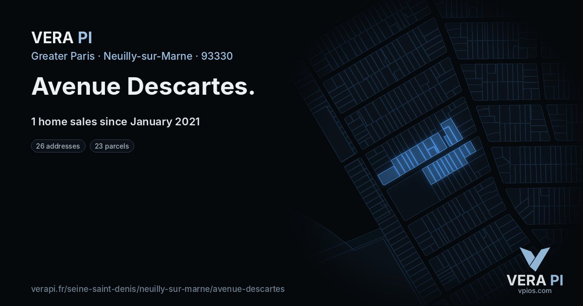 Avenue Descartes, Neuilly-sur-Marne at night – every parcel coloured by the prices around it, the street's own parcels lit