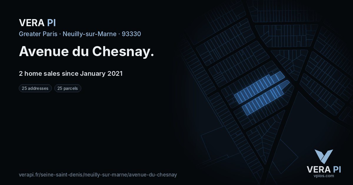 Avenue du Chesnay, Neuilly-sur-Marne at night – every parcel coloured by the prices around it, the street's own parcels lit