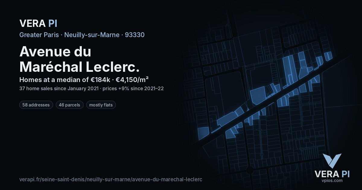 Avenue du Maréchal Leclerc, Neuilly-sur-Marne at night – every parcel coloured by the prices around it, the street's own parcels lit
