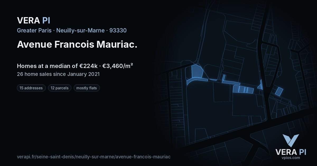 Avenue Francois Mauriac, Neuilly-sur-Marne at night – every parcel coloured by the prices around it, the street's own parcels lit