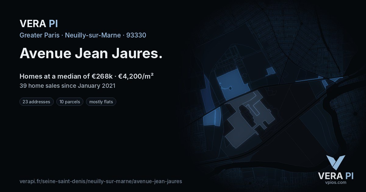 Avenue Jean Jaures, Neuilly-sur-Marne at night – every parcel coloured by the prices around it, the street's own parcels lit