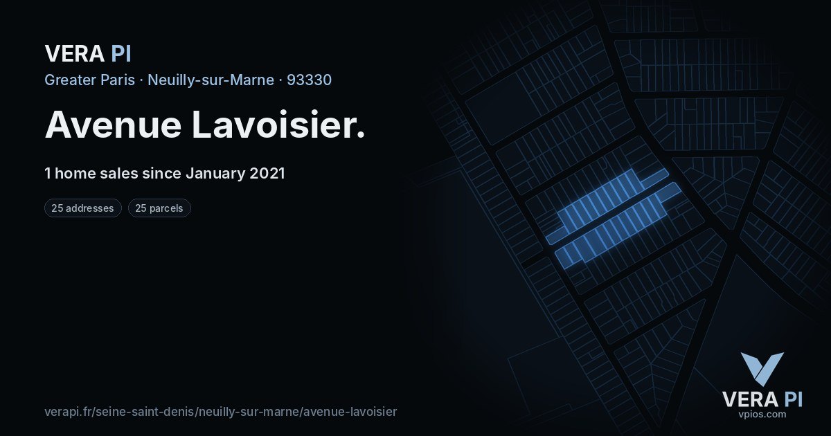 Avenue Lavoisier, Neuilly-sur-Marne at night – every parcel coloured by the prices around it, the street's own parcels lit