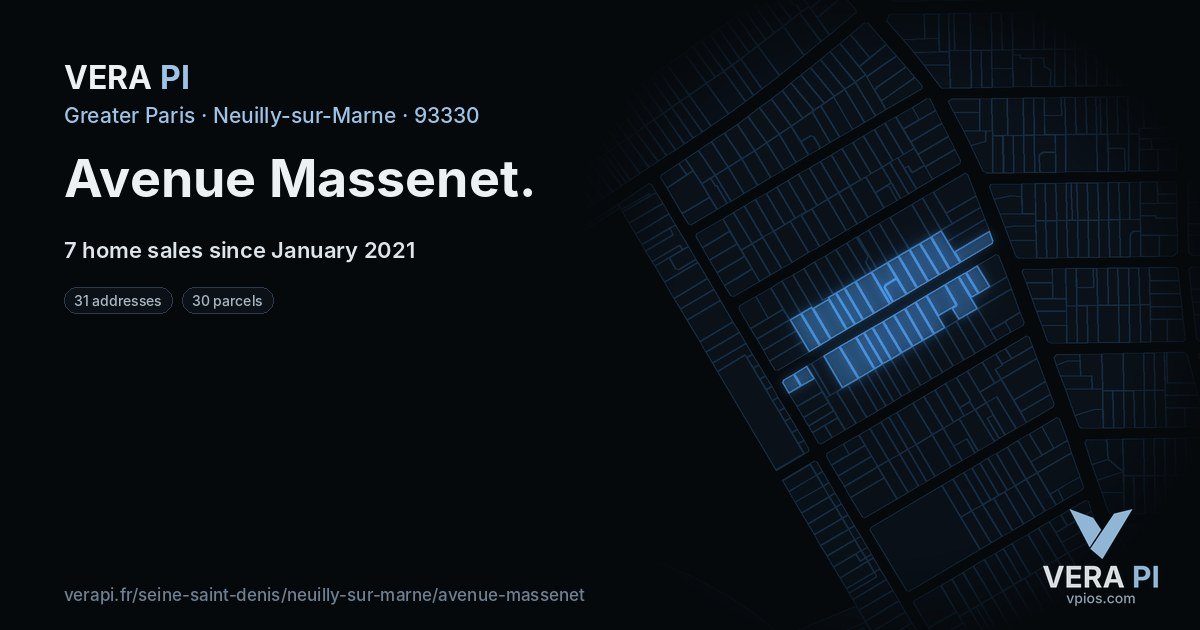 Avenue Massenet, Neuilly-sur-Marne at night – every parcel coloured by the prices around it, the street's own parcels lit