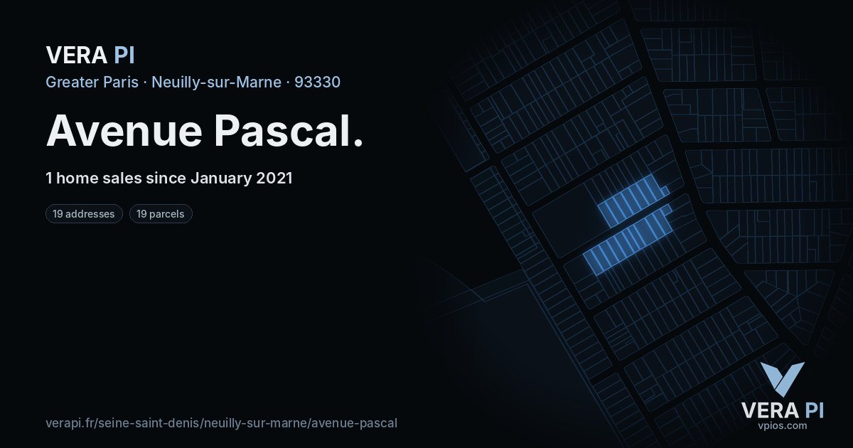Avenue Pascal, Neuilly-sur-Marne at night – every parcel coloured by the prices around it, the street's own parcels lit