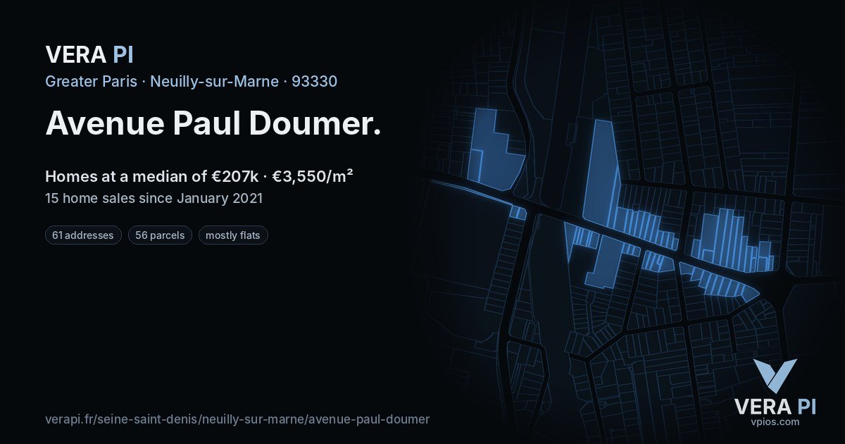Avenue Paul Doumer, Neuilly-sur-Marne at night – every parcel coloured by the prices around it, the street's own parcels lit