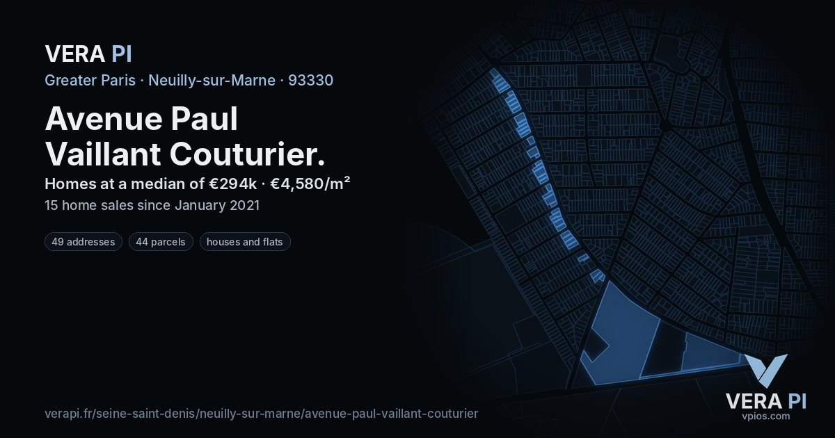 Avenue Paul Vaillant Couturier, Neuilly-sur-Marne at night – every parcel coloured by the prices around it, the street's own parcels lit