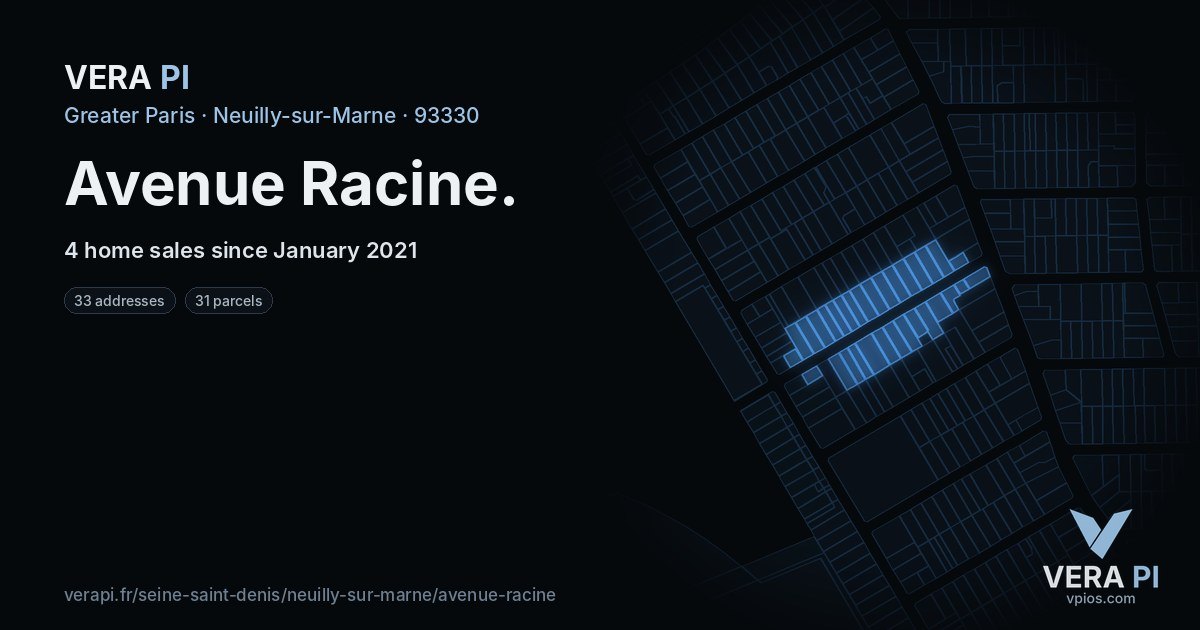 Avenue Racine, Neuilly-sur-Marne at night – every parcel coloured by the prices around it, the street's own parcels lit