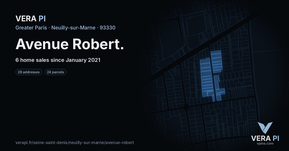 Avenue Robert, Neuilly-sur-Marne at night – every parcel coloured by the prices around it, the street's own parcels lit