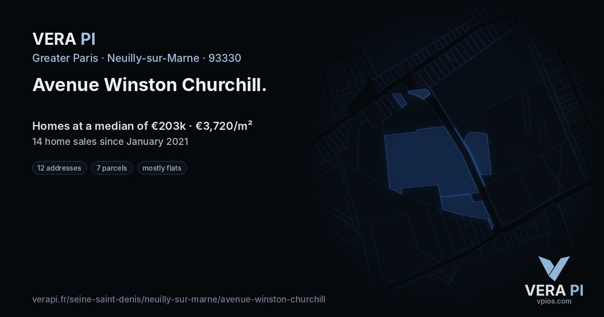 Avenue Winston Churchill, Neuilly-sur-Marne at night – every parcel coloured by the prices around it, the street's own parcels lit