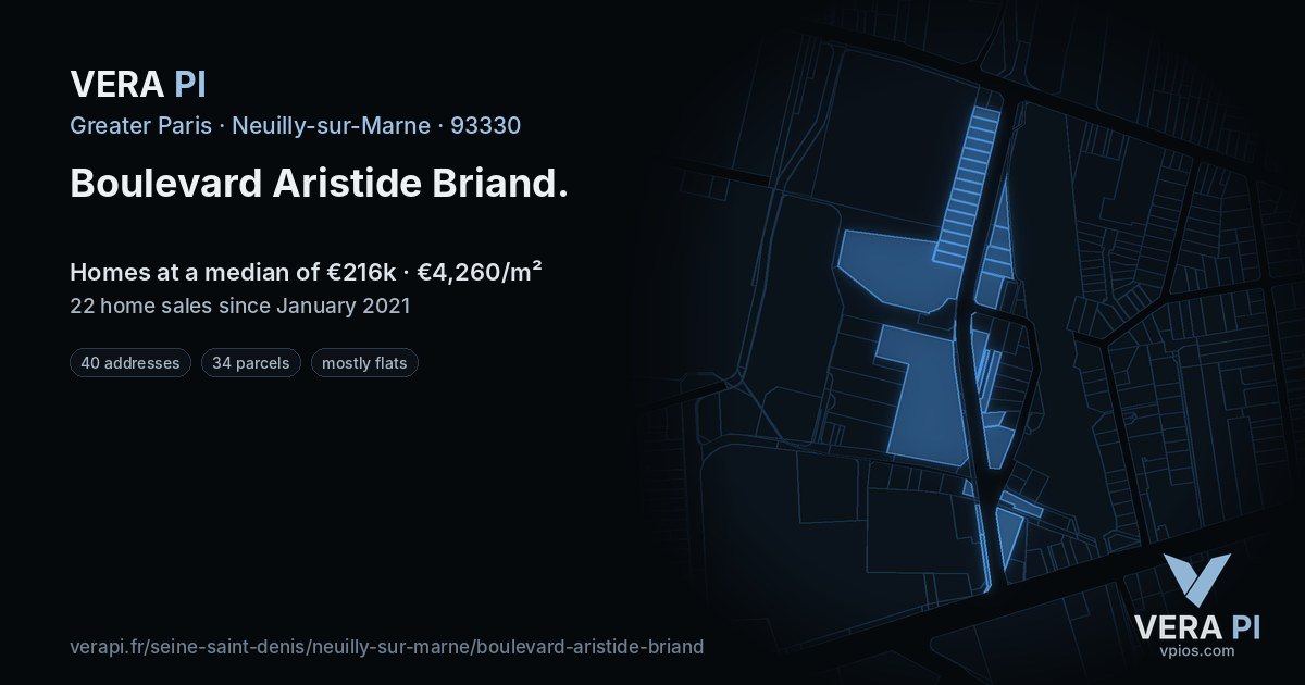 Boulevard Aristide Briand, Neuilly-sur-Marne at night – every parcel coloured by the prices around it, the street's own parcels lit