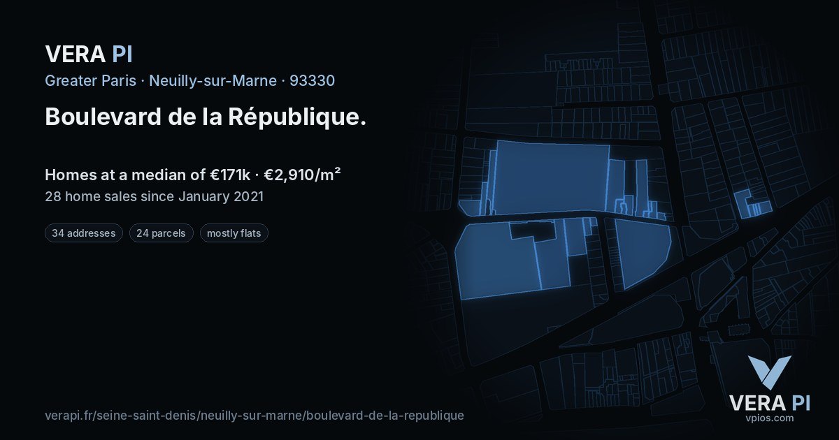 Boulevard de la République, Neuilly-sur-Marne at night – every parcel coloured by the prices around it, the street's own parcels lit