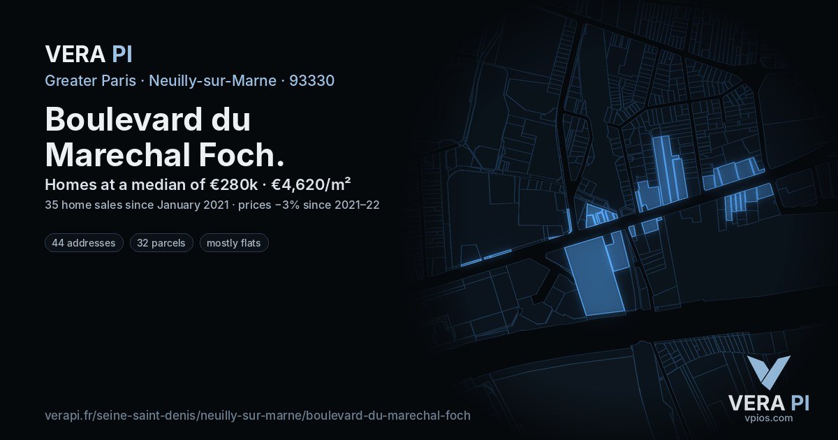 Boulevard du Marechal Foch, Neuilly-sur-Marne at night – every parcel coloured by the prices around it, the street's own parcels lit