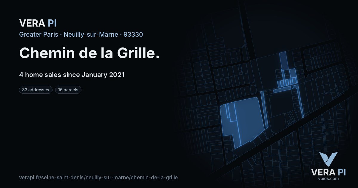 Chemin de la Grille, Neuilly-sur-Marne at night – every parcel coloured by the prices around it, the street's own parcels lit