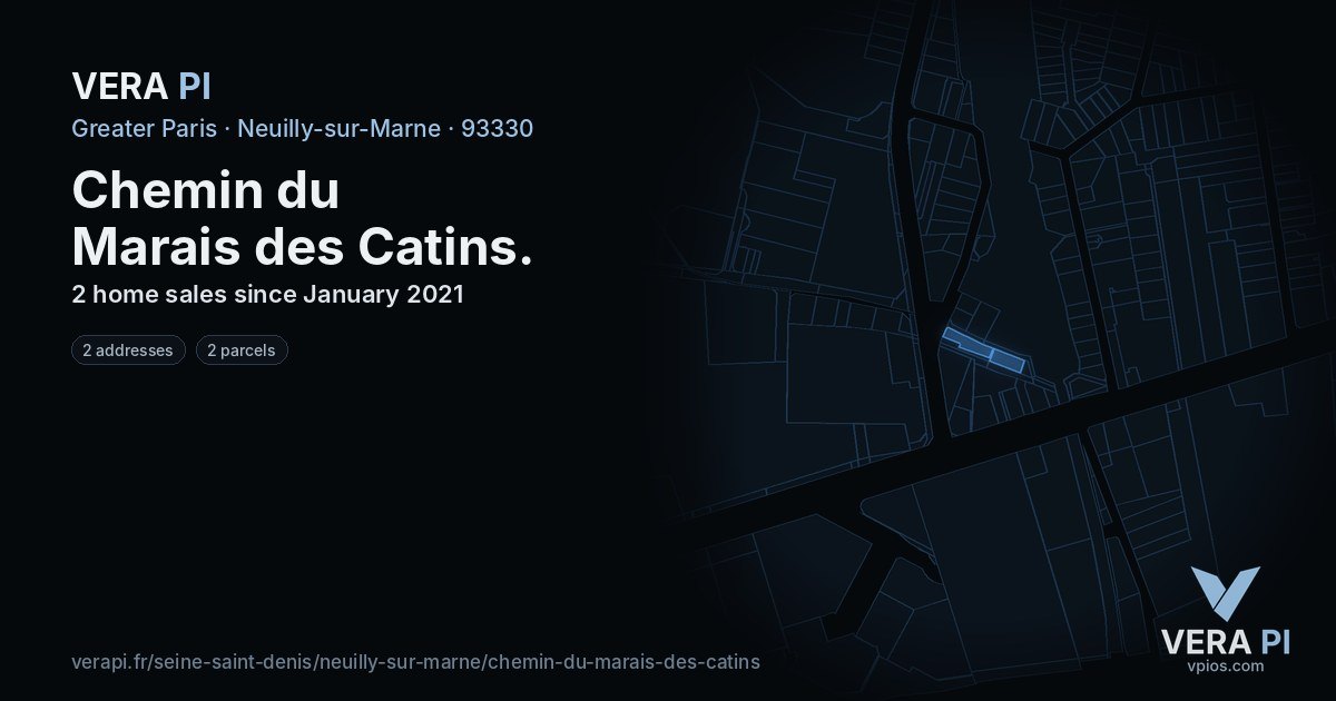 Chemin du Marais des Catins, Neuilly-sur-Marne at night – every parcel coloured by the prices around it, the street's own parcels lit