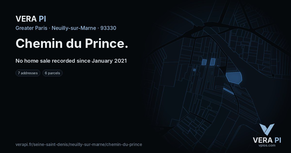 Chemin du Prince, Neuilly-sur-Marne at night – every parcel coloured by the prices around it, the street's own parcels lit