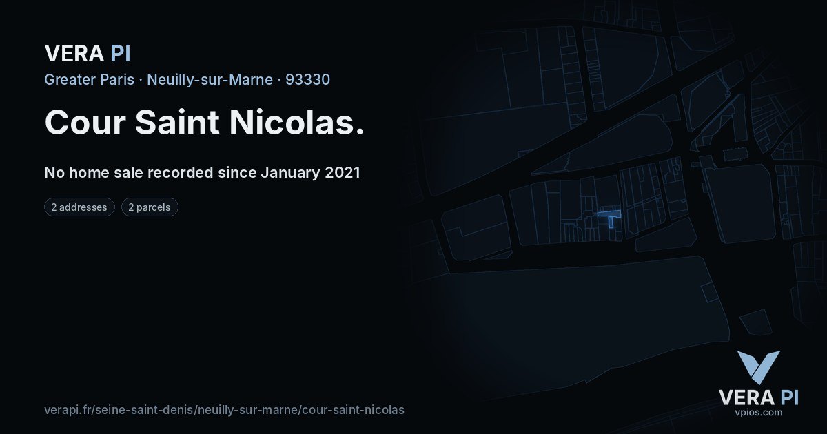 Cour Saint Nicolas, Neuilly-sur-Marne at night – every parcel coloured by the prices around it, the street's own parcels lit