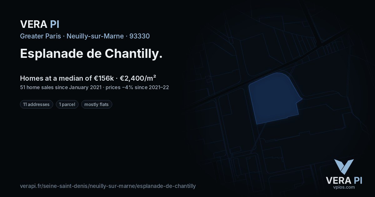Esplanade de Chantilly, Neuilly-sur-Marne at night – every parcel coloured by the prices around it, the street's own parcels lit