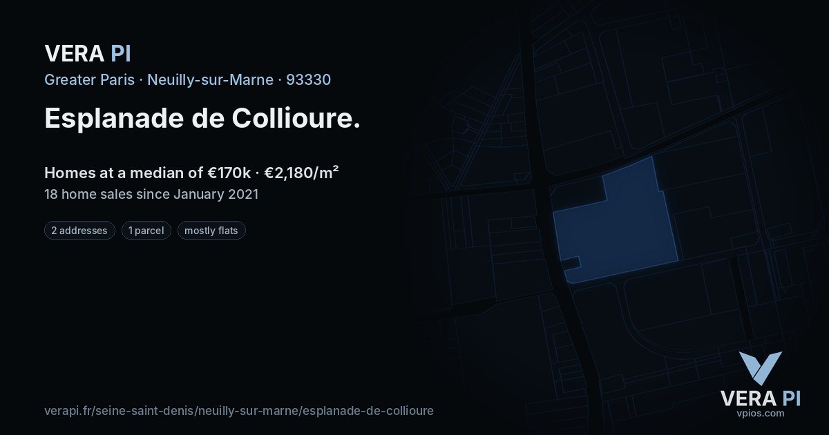 Esplanade de Collioure, Neuilly-sur-Marne at night – every parcel coloured by the prices around it, the street's own parcels lit